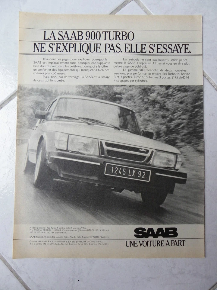 Pubblicità Saab 900 Turbo 1984 Annuncio Stampa Ritaglio Pubblicitario - Immagine 1 di 1