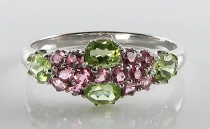 9K 9CT WHITE GOLD PERIDOT & PINK TOURMALINE ART DECO INS RING FREE RESIZE - Picture 1 of 1
