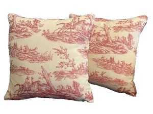 NEW LISTING TOILE DE JOUY RASPBERRY COTTON FABRIC 1 PAIR 17"CUSHION COVERS - Picture 1 of 3