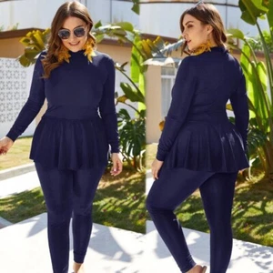 Traje de baño musulmán azul oscuro con volantes traje de baño burkini 3 piezas mangas largas talla 4XL - Imagen 1 de 1