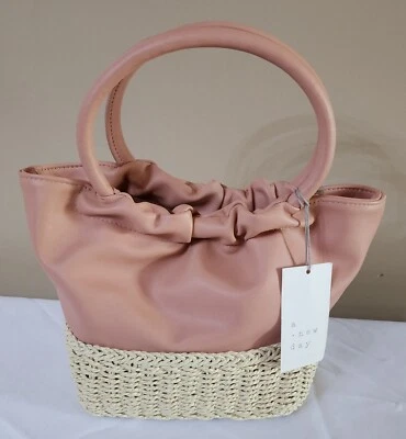 NUDE MINI TOTE HANDBAG TOP HANDLES A NEW DAY NATURAL STRAW VEGAN LEATHER PURSE - Image 1 of 4