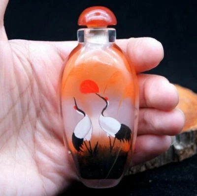 Antique Chinese Handpainted Cranes Glass Snuff Bottle Traditional Handicrafts - Image 1 of 4