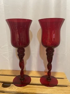 2 Vintage Rare Ruby Red Hurricane Glass Candleholder/Goblets, Twisted Stem, 12.5 - Picture 1 of 7
