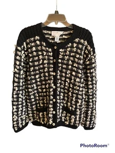 The Peruvian Connection Sweater Merina Wool Cardigan SZ L Black White Button Up - Picture 1 of 3