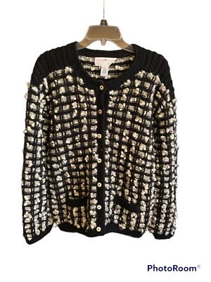 The Peruvian Connection Sweater Merina Wool Cardigan SZ L Black White Button Up - Image 1 of 3