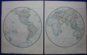 WORLD IN HEMISPHERES, original antique map on two sheets, SDUK c.1858 - Picture 1 of 9