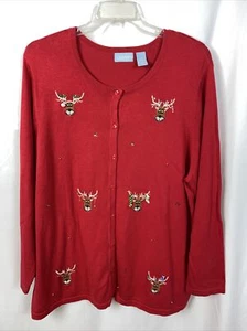 Liz & Me Reindeer Christmas Cardigan Size 2X Red B3*N - Picture 1 of 5