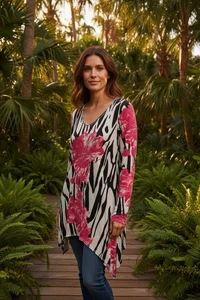 Christina V Animal Print Blumen Tunika Damen Medium M Schwarz Rosa Retro Y2K Boho - Bild 1 von 12