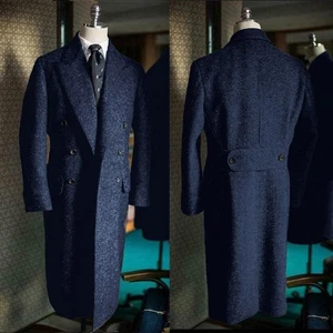 Tweed Herringbone Long Men Overcoats Wool Blend Double Breasted Coat Outwear - Picture 1 of 51