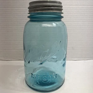 Vintage BALL MASON Quart Aqua Fruit Jar Embossed Zinc Lid Beautiful Color Wavy - Picture 1 of 7