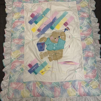 VTG Teddy Bear Puffy Baby Blanket Crib Comforter Artist Painted 80s Abstract - Image 1 of 4