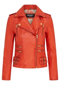 Ladies Leather Biker Jacket Orange Real Lamb Nappa Vintage Gothic Buckle Jacket - Picture 1 of 6
