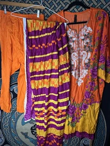 Caftán indio Kurti con pantalones y chal naranja púrpura amarillo • Ishdeena • XXL - Imagen 1 de 15