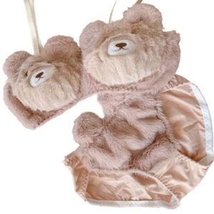 Women s Anime Bear Plush Bra and Panty Set without Underwire Furry Underwear - Picture 1 of 14