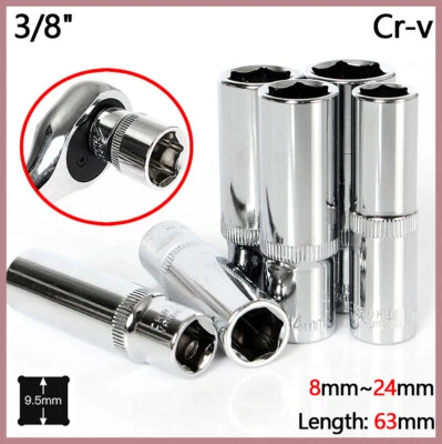 3/8" Socket Set Hex Socket Extended Square Drive Ratchet Socket Cr-v 8mm~24mm - Image 1 of 4