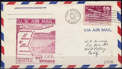 Cover First Flight United States, 1950. Hot Springs to Mill Valley. Extension  - Image 1 of 3