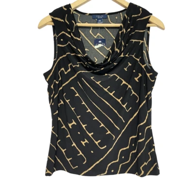 Blusa sin mangas Chaps nueva con etiquetas para mujer L negra dorada estampado capucha cuello capa oficina Foto 1 de 4