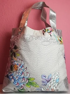 Ed Hardy Cream/Silver And Roses, Butterflies Large Side Pocket Lined Tote Bag - Picture 1 of 12