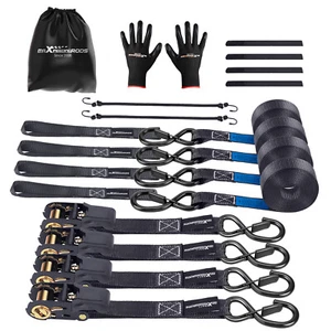 4x Set di tensionamento a cricchetto Gancio a S con clip 25mm x 4,5m Nero 997kg - Bild 1 von 12