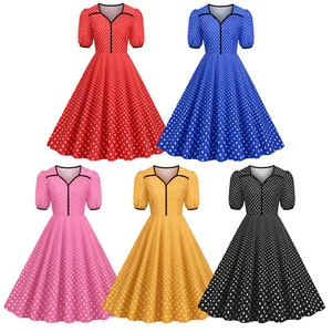 Women Polka Dot Short Sleeve Dress 1950s Housewife Evening Party Prom Dresses - Picture 1 of 36