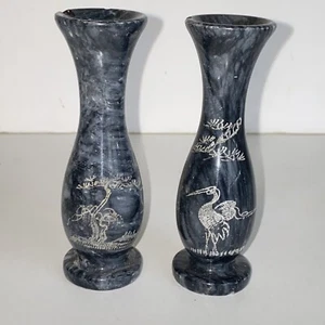 Vintage Black & Gray Marble Bud Vase Pair with Hand Etched Asian Design - Picture 1 of 19