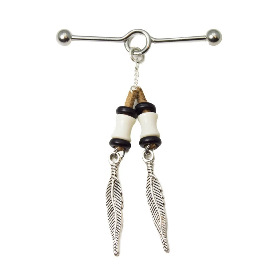 14G Industrial Piercings Barbell Rhodium Plated Feathers Dangle Surgical Steel - Image 1 of 4