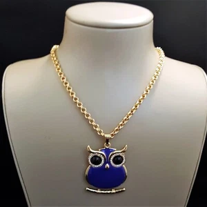 Amrita Singh Women's Statement Necklace Owl Pendant Gold Plated Blue Enamel NWT - Picture 1 of 4