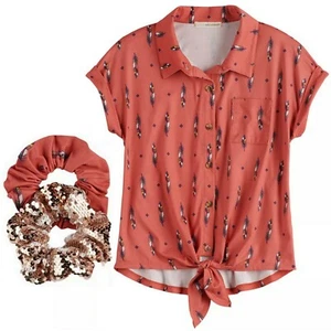 Girls Self Esteem Knot Hem Camp Shirt Scrunchies 3pc Set Size S Coral Red Orange - Picture 1 of 5