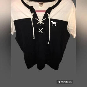 VICTORIA'S SECRET PINK Campus Lace Up T-Shirt Black/White Women's S - Picture 1 of 5