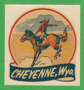 VINTAGE ORIGINAL 1947 SOUVENIR "CHEYENNE" WYOMING BRONCO TRAVEL WATER DECAL ART - Picture 1 of 1