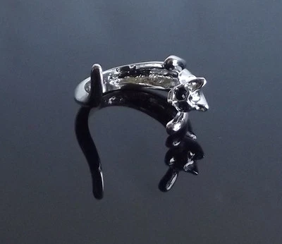 SILVER Cat Ring with Black Eyes Cute Fun Teen Adjustable Sizable Fashion Ring - Image 1 of 2
