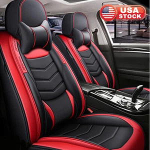 5-Seats Full Set Car Seat Cover Cushion Protector Black Red PU Leather Universal - Picture 1 of 12
