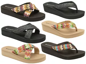 Damen-Sommersandalen Dunlop niedriger Keilabsatz Zehenpartie Urlaub Strand Flip Flops - Bild 1 von 37