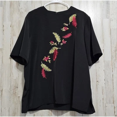 Винтажная черная блузка с вышитыми перьями BonWorth с цветочным узором и коротким рукавом большого размера - Изображение 1 из 4
