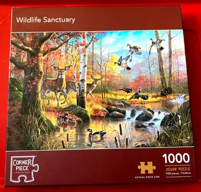 WILDLIFE SANCTUARY 1000 pc Jigsaw Puzzle Deer/Ducks/Turkeys/Stream/Trees/Country - Image 1 of 2