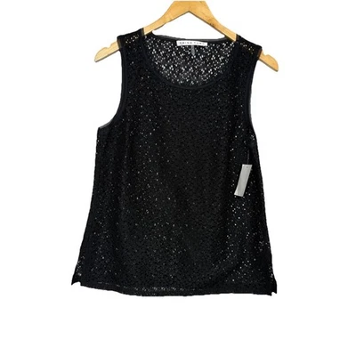 Camiseta sin mangas Pullover Trina Turk para mujer Battenburg de encaje cuello redondo negra talla M nueva con etiquetas Foto 1 de 4