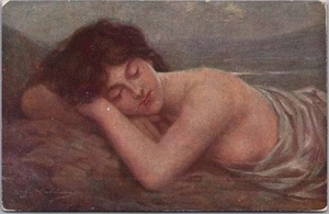 Postal de colección firmada por artista italiano de la década de 1910 bonita dama, durmiendo / SIN USAR - Imagen 1 de 2