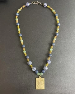 VTG Beaded 18' Necklace Ceramic Stone Glass "Silver Cruise Rotterdam" Pendant - Picture 1 of 13
