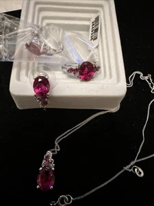 QVC Sterling Sliver Ring, Earrings, Necklace &Pendant Set Ring Size 8 Lab Ruby - Picture 1 of 6