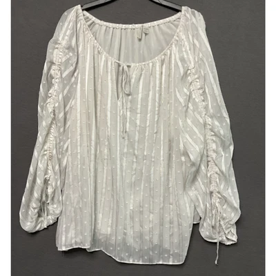 Cato Boho Blouse Ivory Gold Metalic Stripe Ruched Sleeve Sheer Lined Top 22/24W  - Image 1 of 4