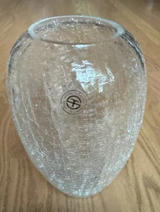 Crackle Glass Vase Clear 9 in Handcrafted Vintage - Picture 1 of 10