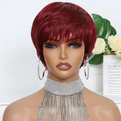 Short Layered Pixie Cut Human Hair Wig Burgundy, 3" Red Pixie Cut Wig with Bangs - Image 1 of 4