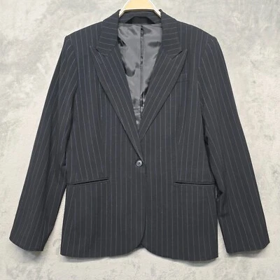 Jaqueta Blazer Norma Kamali Feminina Tamanho 16 Preta Azul Listrada Algemas de Cirurgião Forradas - Imagem 1 de 4