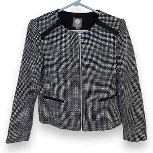 Vince Camuto Damen Größe 10 Petite Blazer Jacke mit durchgehendem Reißverschluss blau schwarz Tweed - Bild 1 von 6