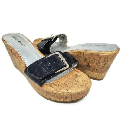 Fashion Bug Size 10 Black Faux Patent Leather Buckle Cork Wedge Heels Sandals - Image 1 of 4
