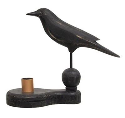 Primitive WOOD CROW on Pedestal w/Taper Candle Holder - 7.5" high - Image 1 of 2