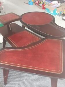 Mid-Century Atomic  Mahogany Leather Top Kidney Coffee Table with two end tables