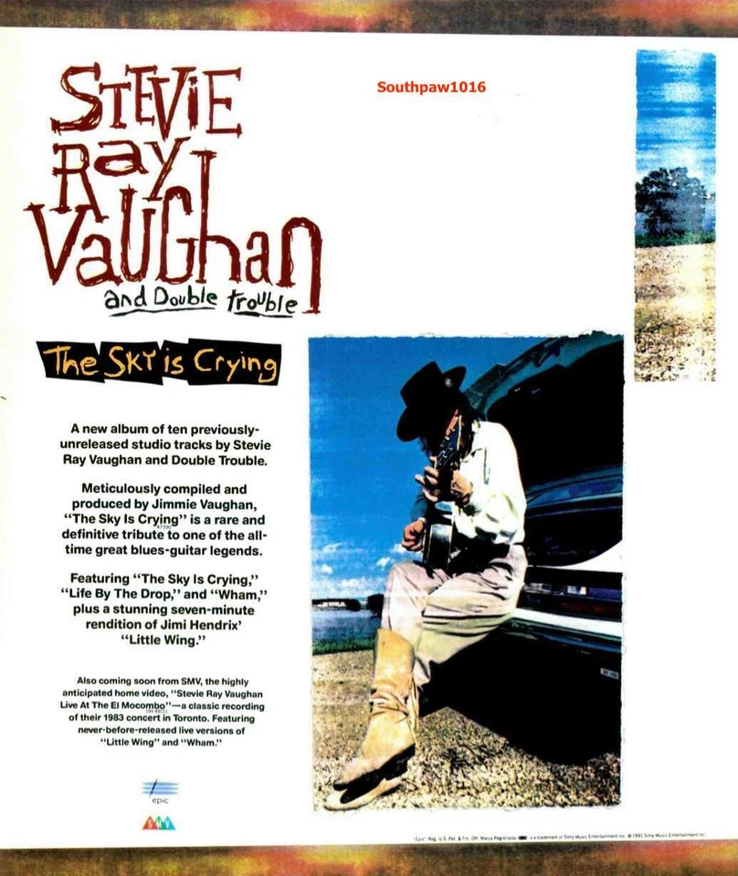 1991 Stevie Ray Vaughan "The Sky Is Crying" Release Industry Promo Ad Print - Image 1 of 1