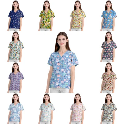 Unisex Scrub Tops 100% Cotton Printed Short Sleeve Medical Nurse V-Neck Shirt - Image 1 of 4