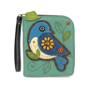 NUEVA CARTERA CHALA AZUL VERDE AZULADO PÁJARO CREMALLERA DOBLE PLIEGUE IMITACIÓN CUERO - Imagen 1 de 4